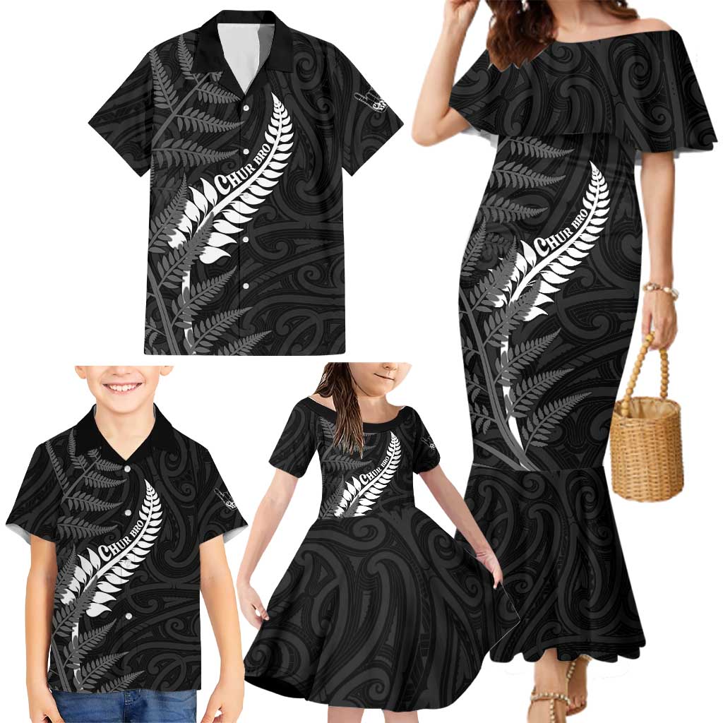 Personalised New Zealand Chur Bro Family Matching Mermaid Dress and Hawaiian Shirt Maori Koru With Silver Fern