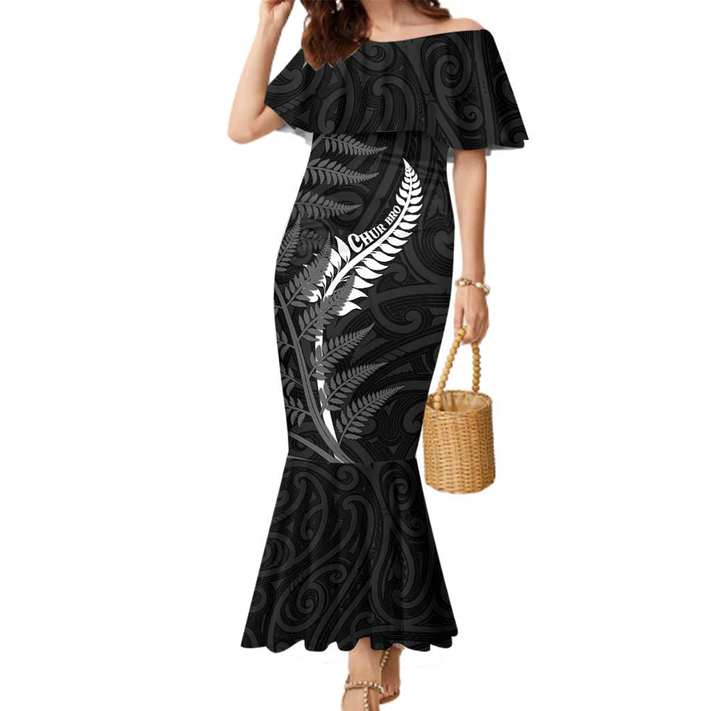 Personalised New Zealand Chur Bro Family Matching Mermaid Dress and Hawaiian Shirt Maori Koru With Silver Fern LT05 Mom's Dress Black - Polynesian Pride