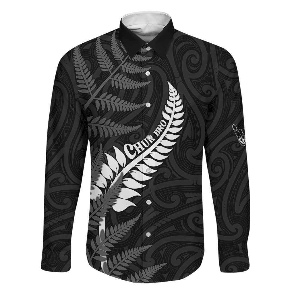 Personalised New Zealand Chur Bro Family Matching Off The Shoulder Long Sleeve Dress and Hawaiian Shirt Maori Koru With Silver Fern LT05 Dad's Shirt - Long Sleeve Black - Polynesian Pride