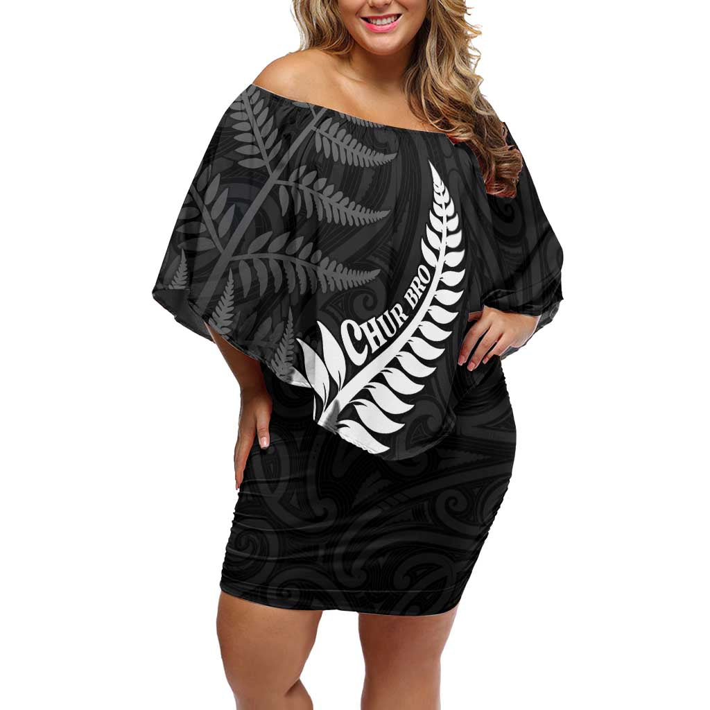 Personalised New Zealand Chur Bro Family Matching Off Shoulder Short Dress and Hawaiian Shirt Maori Koru With Silver Fern LT05 Mom's Dress Black - Polynesian Pride