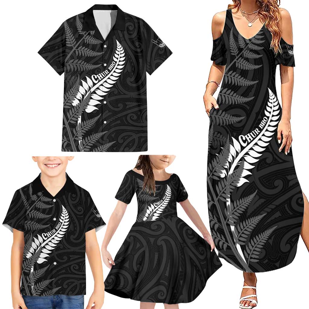 Personalised New Zealand Chur Bro Family Matching Summer Maxi Dress and Hawaiian Shirt Maori Koru With Silver Fern