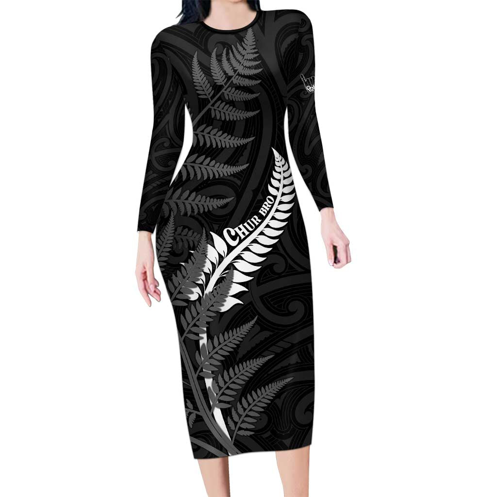 Personalised New Zealand Chur Bro Long Sleeve Bodycon Dress Maori Koru With Silver Fern LT05 Long Dress Black - Polynesian Pride