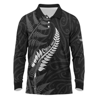 Personalised New Zealand Chur Bro Long Sleeve Polo Shirt Maori Koru With Silver Fern LT05 Black - Polynesian Pride