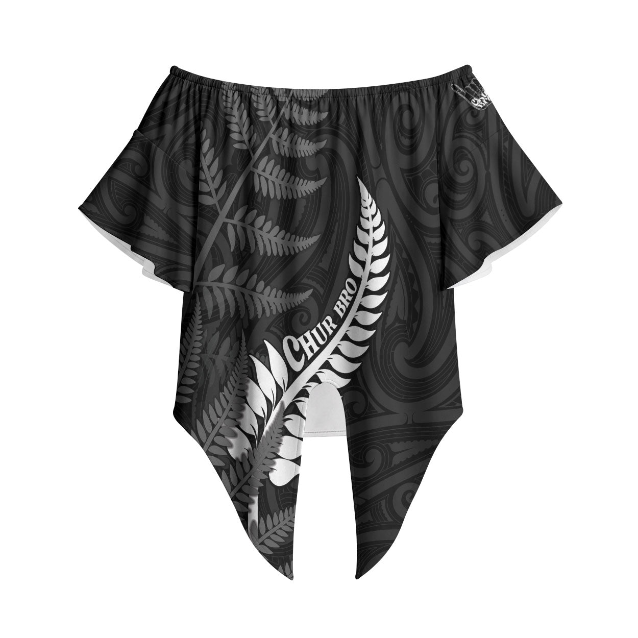 Personalised New Zealand Chur Bro Off Shoulder Wrap Waist Top Maori Koru With Silver Fern LT05 Black - Polynesian Pride