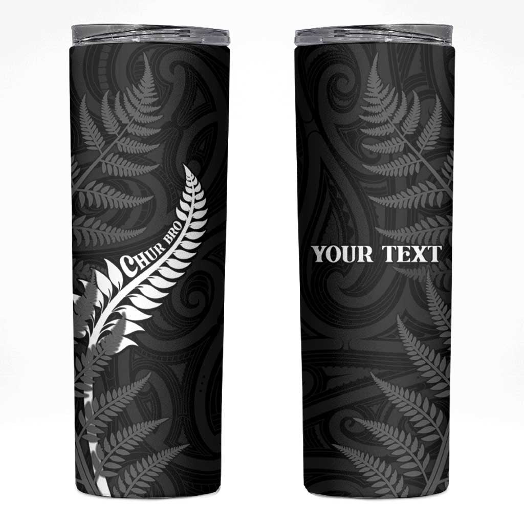 Personalised New Zealand Chur Bro Skinny Tumbler Maori Koru With Silver Fern LT05 Black - Polynesian Pride