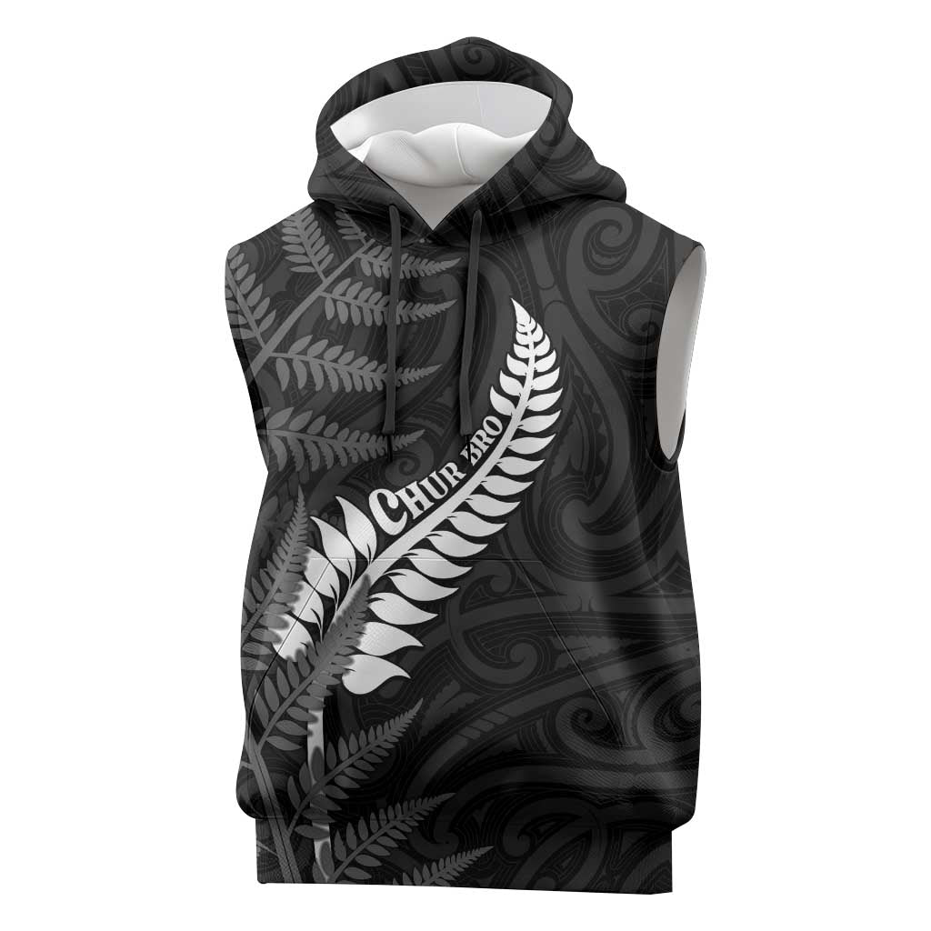 Personalised New Zealand Chur Bro Sleeveless Hoodie Maori Koru With Silver Fern
