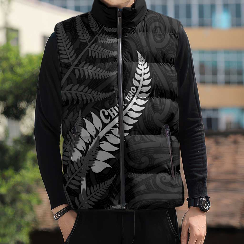Personalised New Zealand Chur Bro Sleeveless Puffer Jacket Maori Koru With Silver Fern