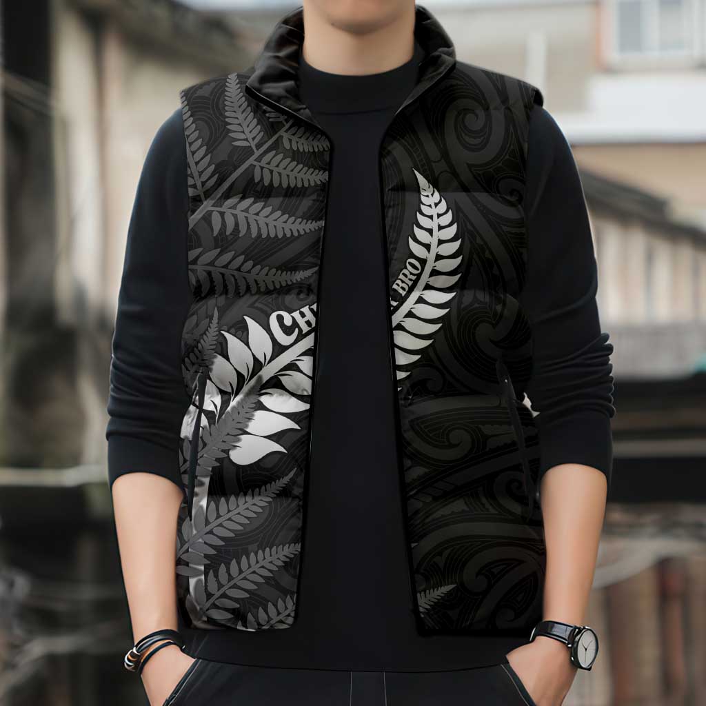 Personalised New Zealand Chur Bro Sleeveless Puffer Jacket Maori Koru With Silver Fern