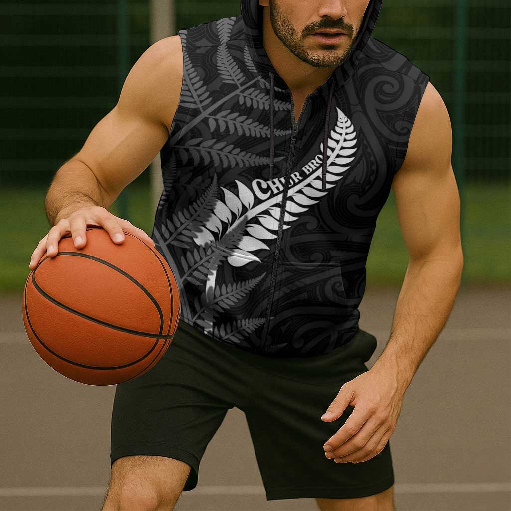 Personalised New Zealand Chur Bro Sleeveless Zip Hoodie Maori Koru With Silver Fern LT05 - Polynesian Pride