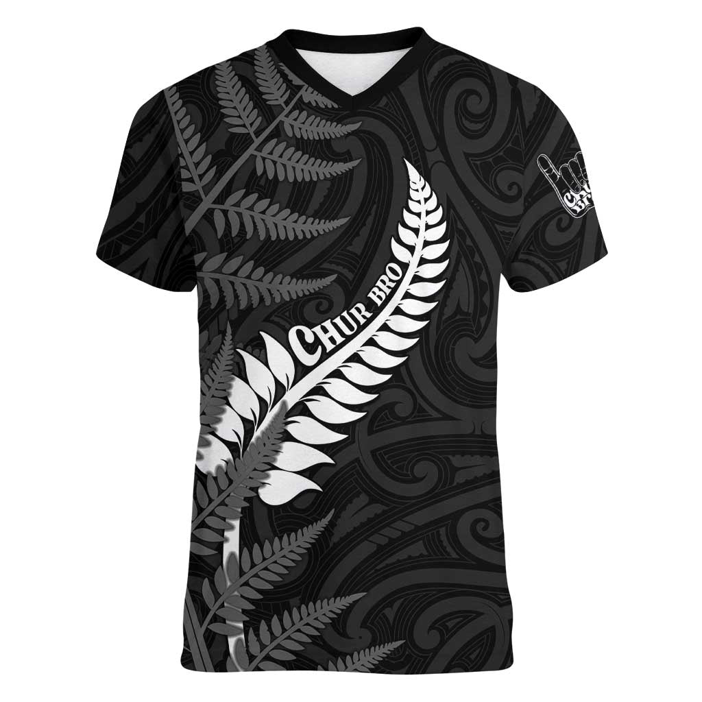Personalised New Zealand Chur Bro Women V-Neck T-Shirt Maori Koru With Silver Fern LT05 Female Black - Polynesian Pride