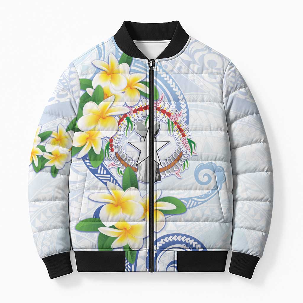 Northern Mariana Islands Chamorro Bomber Puffer Jacket Plumeria Curves Style White Version