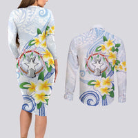 Northern Mariana Islands Chamorro Couples Matching Long Sleeve Bodycon Dress and Long Sleeve Button Shirt Plumeria Curves Style White Version LT05 - Polynesian Pride