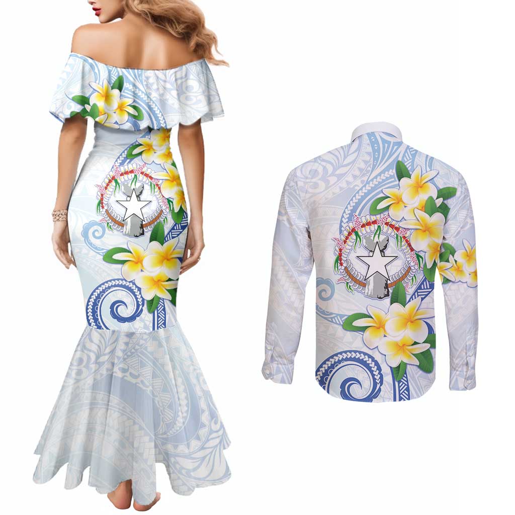 Northern Mariana Islands Chamorro Couples Matching Mermaid Dress and Long Sleeve Button Shirt Plumeria Curves Style White Version LT05 - Polynesian Pride