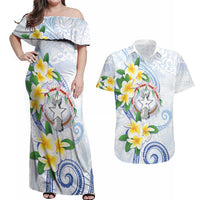 Northern Mariana Islands Chamorro Couples Matching Off Shoulder Maxi Dress and Hawaiian Shirt Plumeria Curves Style White Version LT05 White - Polynesian Pride