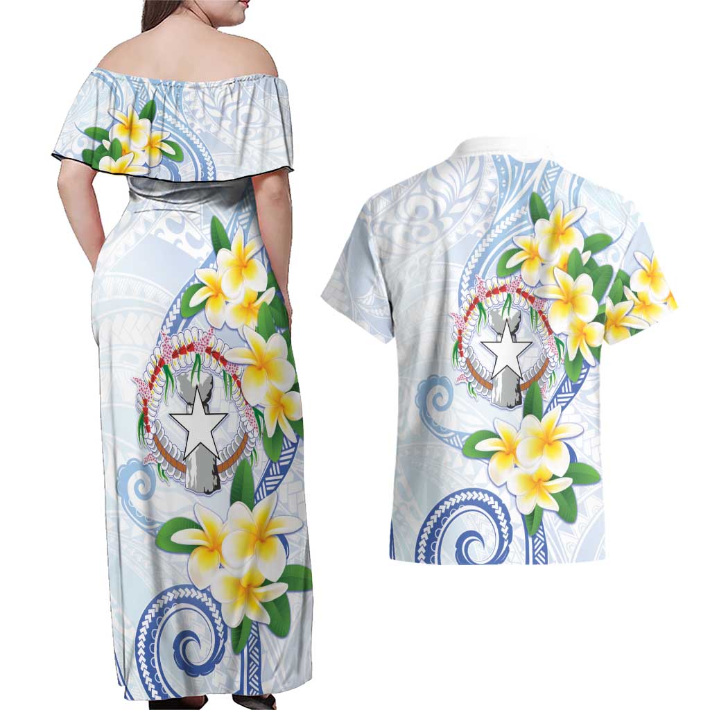 Northern Mariana Islands Chamorro Couples Matching Off Shoulder Maxi Dress and Hawaiian Shirt Plumeria Curves Style White Version LT05 - Polynesian Pride