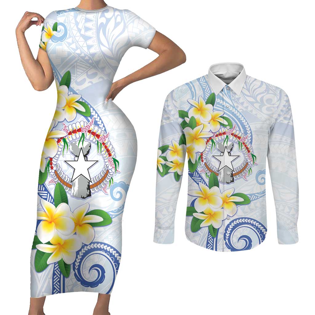Northern Mariana Islands Chamorro Couples Matching Short Sleeve Bodycon Dress and Long Sleeve Button Shirt Plumeria Curves Style White Version LT05 White - Polynesian Pride