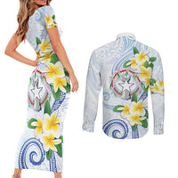 Northern Mariana Islands Chamorro Couples Matching Short Sleeve Bodycon Dress and Long Sleeve Button Shirt Plumeria Curves Style White Version LT05 - Polynesian Pride