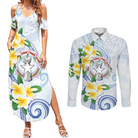 Northern Mariana Islands Chamorro Couples Matching Summer Maxi Dress and Long Sleeve Button Shirt Plumeria Curves Style White Version