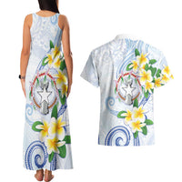 Northern Mariana Islands Chamorro Couples Matching Tank Maxi Dress and Hawaiian Shirt Plumeria Curves Style White Version LT05 - Polynesian Pride