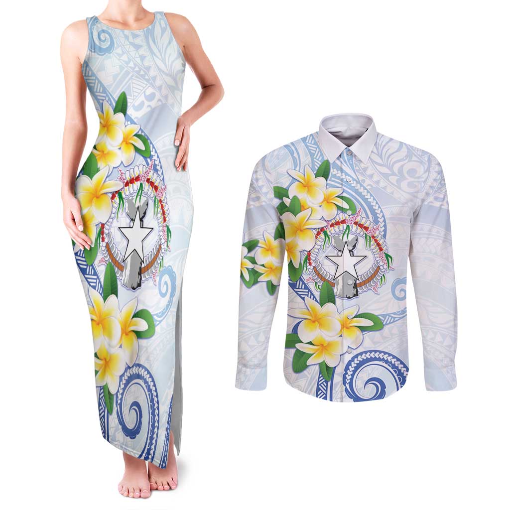 Northern Mariana Islands Chamorro Couples Matching Tank Maxi Dress and Long Sleeve Button Shirt Plumeria Curves Style White Version LT05 White - Polynesian Pride