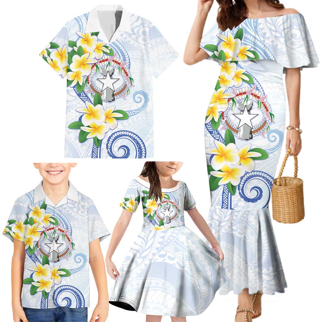 Northern Mariana Islands Chamorro Family Matching Mermaid Dress and Hawaiian Shirt Plumeria Curves Style White Version LT05 - Polynesian Pride
