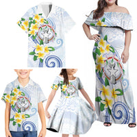 Northern Mariana Islands Chamorro Family Matching Off Shoulder Maxi Dress and Hawaiian Shirt Plumeria Curves Style White Version LT05 - Polynesian Pride