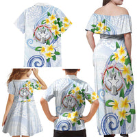 Northern Mariana Islands Chamorro Family Matching Off Shoulder Maxi Dress and Hawaiian Shirt Plumeria Curves Style White Version LT05 - Polynesian Pride