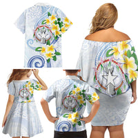 Northern Mariana Islands Chamorro Family Matching Off Shoulder Short Dress and Hawaiian Shirt Plumeria Curves Style White Version LT05 - Polynesian Pride