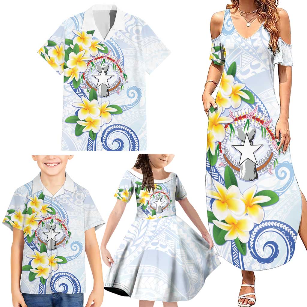 Northern Mariana Islands Chamorro Family Matching Summer Maxi Dress and Hawaiian Shirt Plumeria Curves Style White Version LT05 - Polynesian Pride