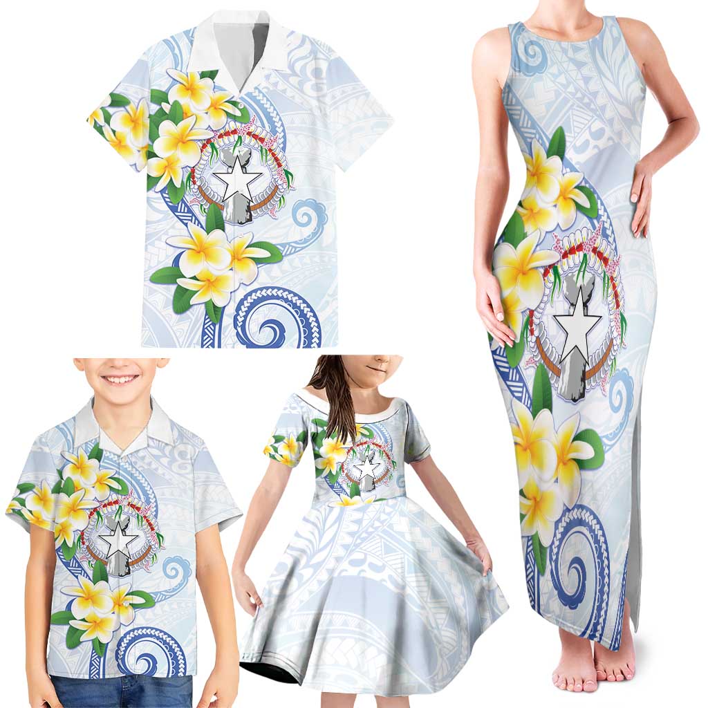 Northern Mariana Islands Chamorro Family Matching Tank Maxi Dress and Hawaiian Shirt Plumeria Curves Style White Version LT05 - Polynesian Pride