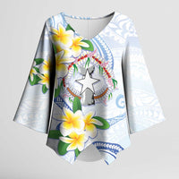 Northern Mariana Islands Chamorro Kimono Sleeve Blouse Plumeria Curves Style White Version