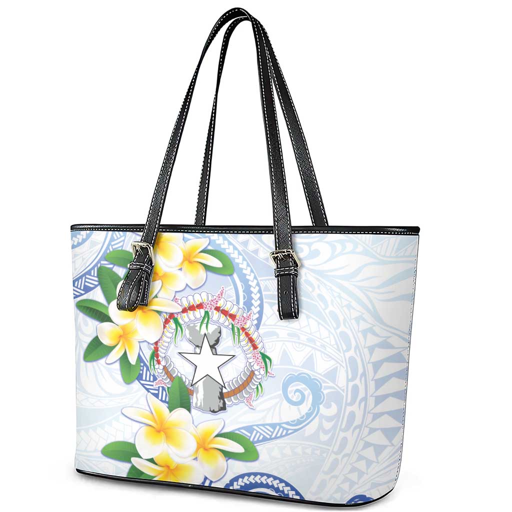 Northern Mariana Islands Chamorro Leather Tote Bag Plumeria Curves Style White Version