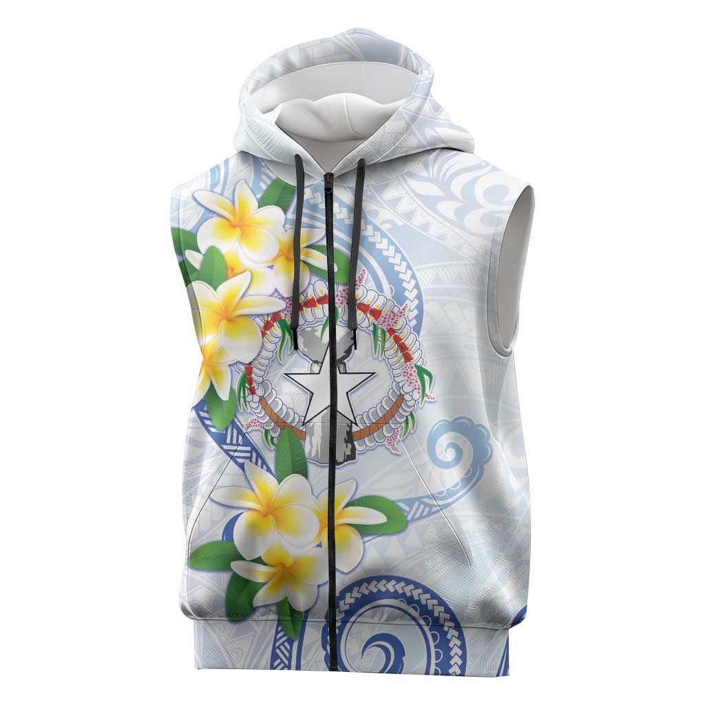Northern Mariana Islands Chamorro Sleeveless Zip Hoodie Plumeria Curves Style White Version
