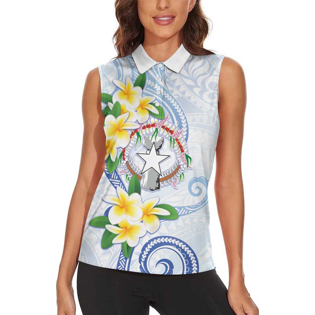 Northern Mariana Islands Chamorro Women Sleeveless Polo Shirt Plumeria Curves Style White Version