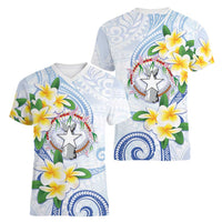 Northern Mariana Islands Chamorro Women V-Neck T-Shirt Plumeria Curves Style White Version