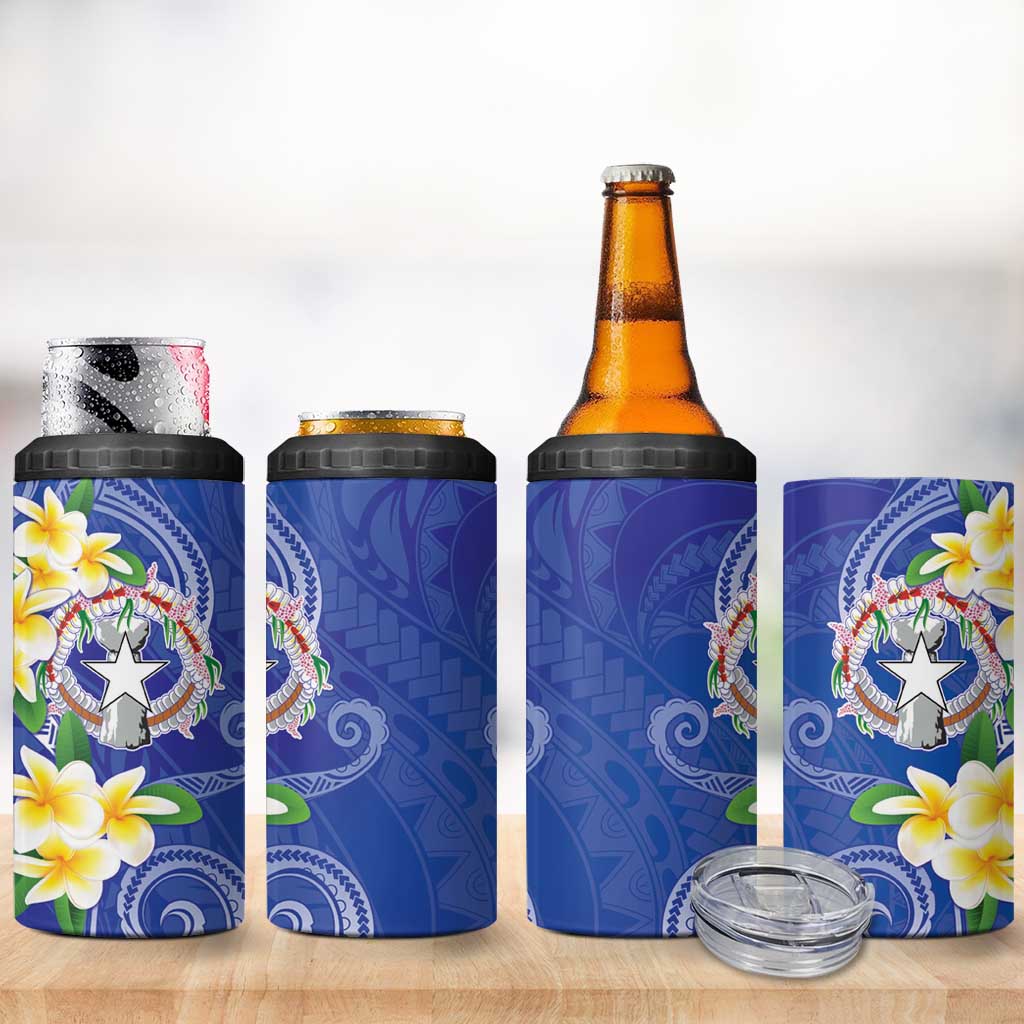 Northern Mariana Islands Chamorro 4 in 1 Can Cooler Tumbler Plumeria Curves Style Navy Version