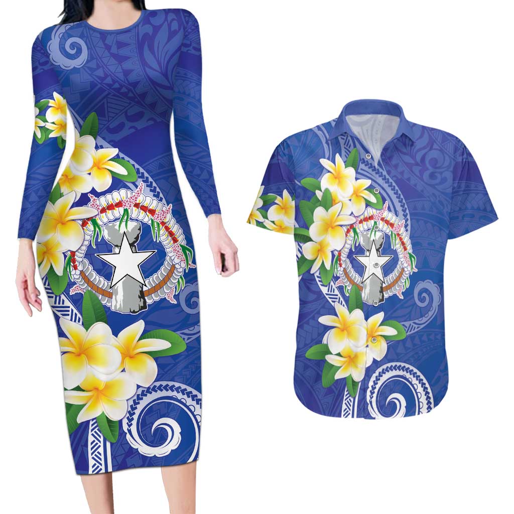 Northern Mariana Islands Chamorro Couples Matching Long Sleeve Bodycon Dress and Hawaiian Shirt Plumeria Curves Style Navy Version LT05 Navy - Polynesian Pride