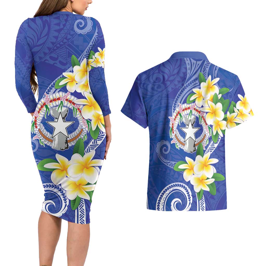 Northern Mariana Islands Chamorro Couples Matching Long Sleeve Bodycon Dress and Hawaiian Shirt Plumeria Curves Style Navy Version LT05 - Polynesian Pride