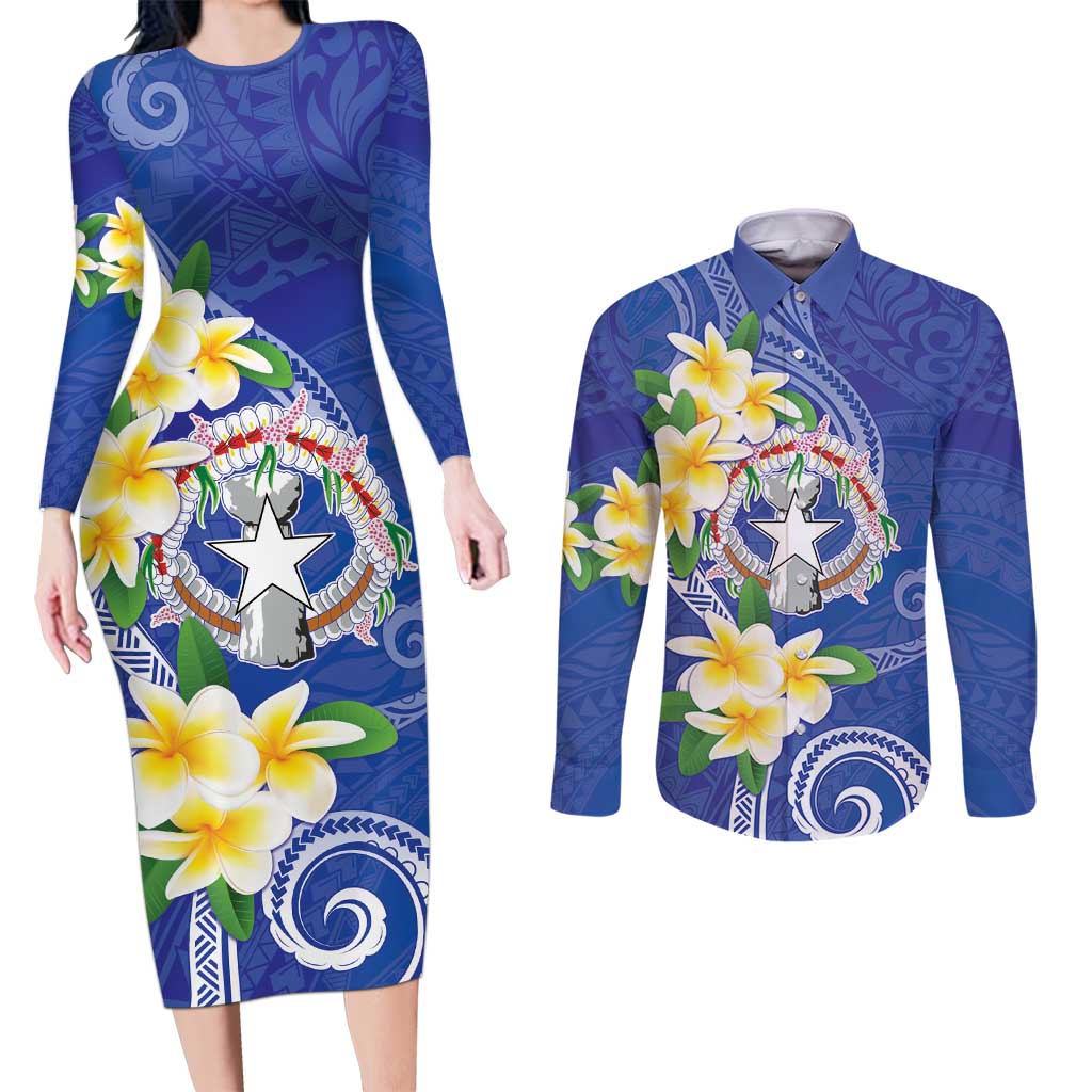 Northern Mariana Islands Chamorro Couples Matching Long Sleeve Bodycon Dress and Long Sleeve Button Shirt Plumeria Curves Style Navy Version LT05 Navy - Polynesian Pride