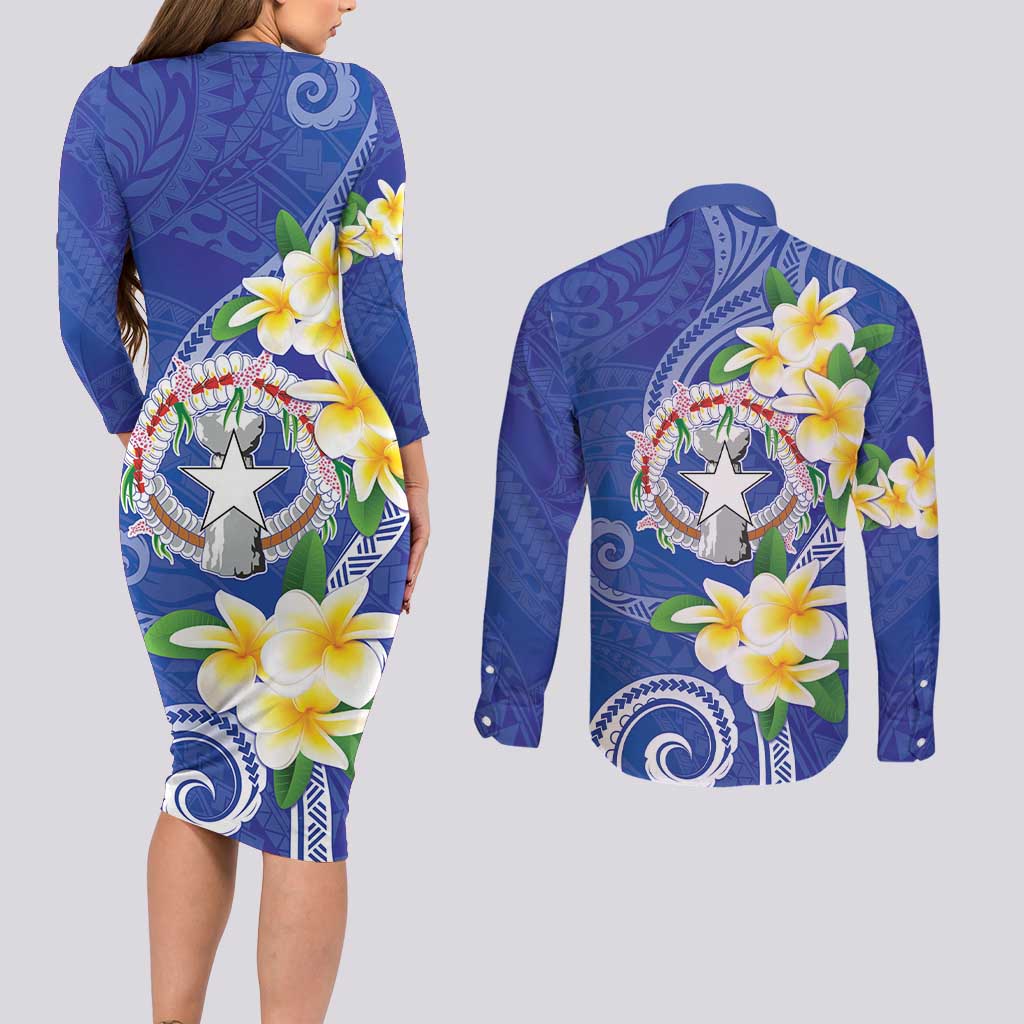 Northern Mariana Islands Chamorro Couples Matching Long Sleeve Bodycon Dress and Long Sleeve Button Shirt Plumeria Curves Style Navy Version LT05 - Polynesian Pride