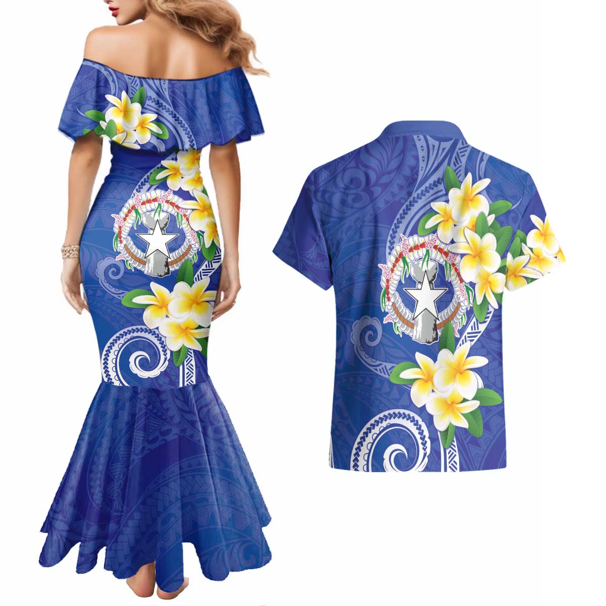 Northern Mariana Islands Chamorro Couples Matching Mermaid Dress and Hawaiian Shirt Plumeria Curves Style Navy Version LT05 - Polynesian Pride