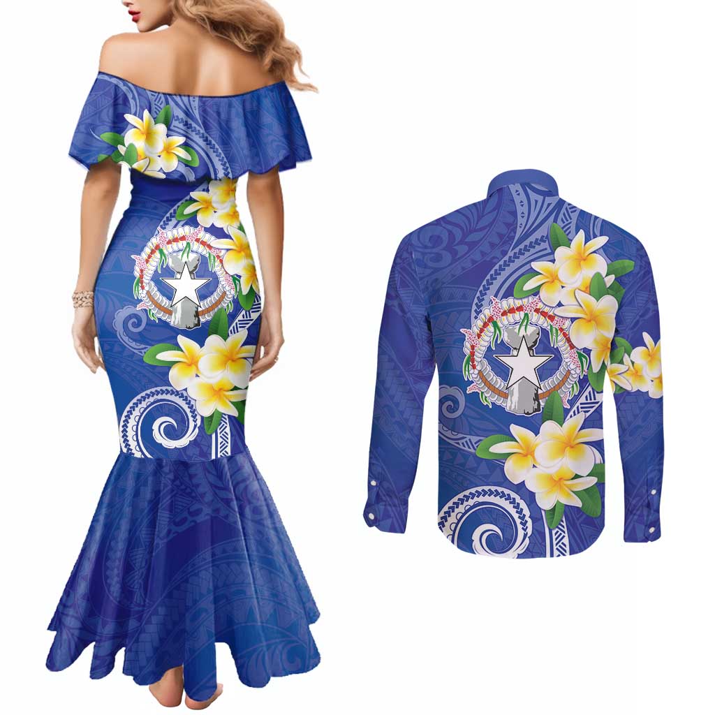 Northern Mariana Islands Chamorro Couples Matching Mermaid Dress and Long Sleeve Button Shirt Plumeria Curves Style Navy Version LT05 - Polynesian Pride
