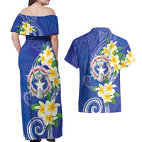 Northern Mariana Islands Chamorro Couples Matching Off Shoulder Maxi Dress and Hawaiian Shirt Plumeria Curves Style Navy Version LT05 - Polynesian Pride