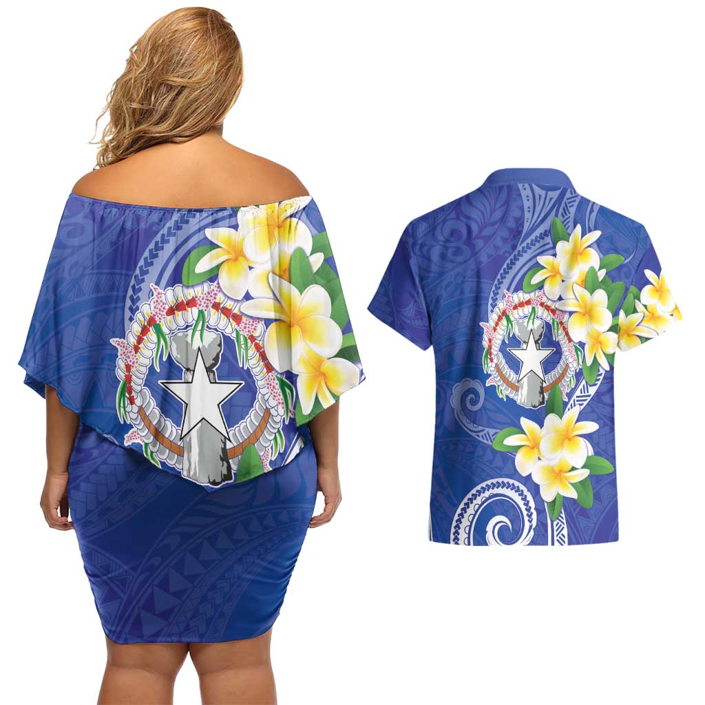 Northern Mariana Islands Chamorro Couples Matching Off Shoulder Short Dress and Hawaiian Shirt Plumeria Curves Style Navy Version LT05 - Polynesian Pride