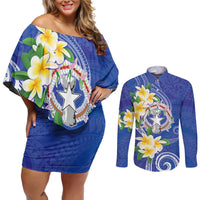 Northern Mariana Islands Chamorro Couples Matching Off Shoulder Short Dress and Long Sleeve Button Shirt Plumeria Curves Style Navy Version LT05 Navy - Polynesian Pride