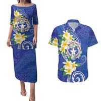 Northern Mariana Islands Chamorro Couples Matching Puletasi and Hawaiian Shirt Plumeria Curves Style Navy Version