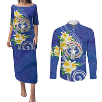 Northern Mariana Islands Chamorro Couples Matching Puletasi and Long Sleeve Button Shirt Plumeria Curves Style Navy Version