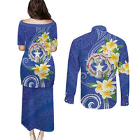 Northern Mariana Islands Chamorro Couples Matching Puletasi and Long Sleeve Button Shirt Plumeria Curves Style Navy Version