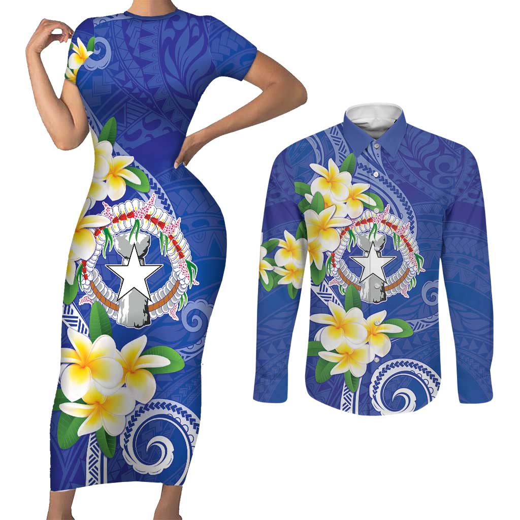 Northern Mariana Islands Chamorro Couples Matching Short Sleeve Bodycon Dress and Long Sleeve Button Shirt Plumeria Curves Style Navy Version LT05 Navy - Polynesian Pride