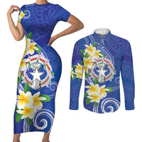 Northern Mariana Islands Chamorro Couples Matching Short Sleeve Bodycon Dress and Long Sleeve Button Shirt Plumeria Curves Style Navy Version LT05 Navy - Polynesian Pride